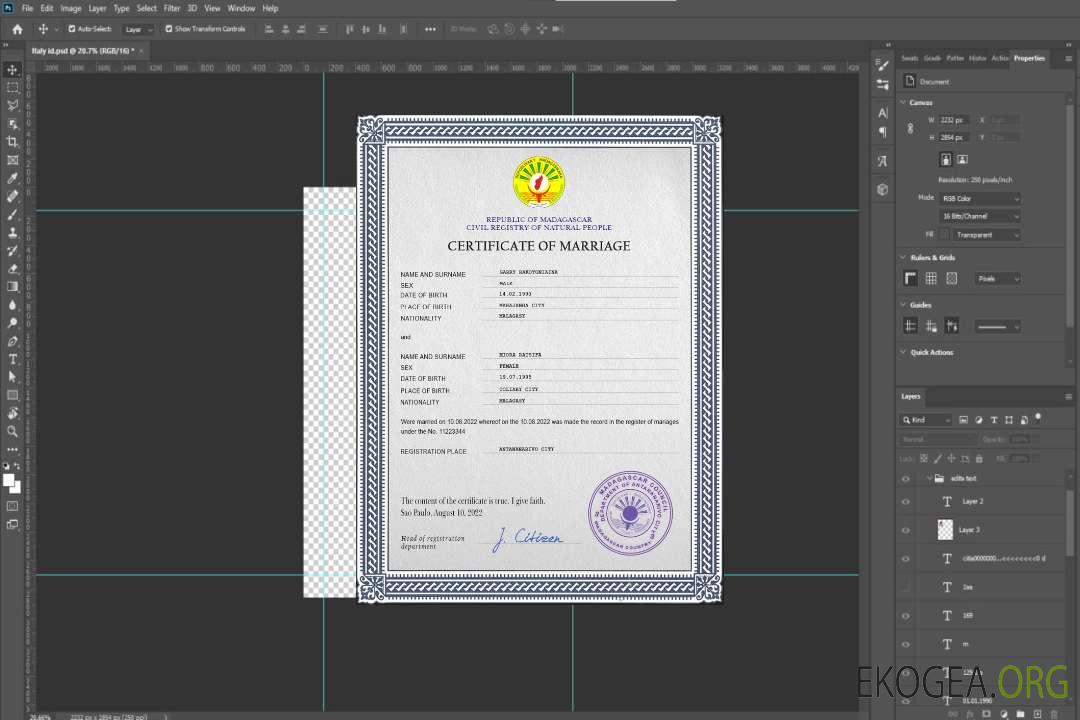 Modèle PSD de certificat de mariage à Madagascar template